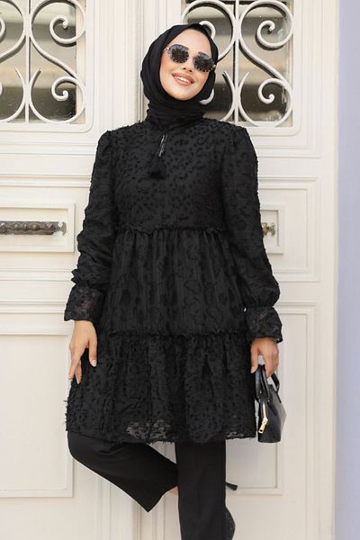 Neva Style تونيك حجاب أسود - طبقة مطوية، موديل 13921S