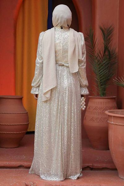Neva Style Rochie de seară hijab crem cu paiete 44961kr
