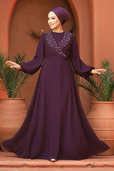 Neva Style Rochie de seara cu hijab - Rochie de seara musulmana prune cu margele 22153mu