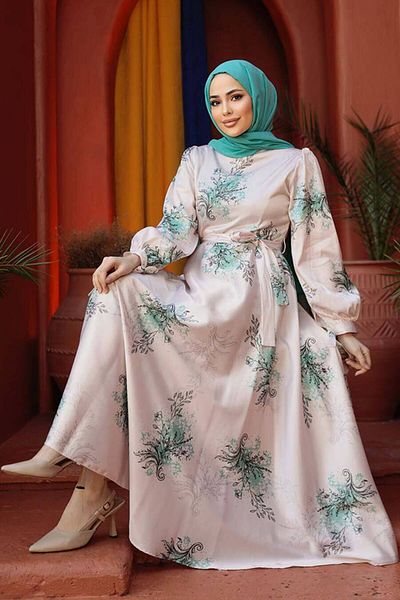 Neva Style Rochie Hijab cu Motiv Floral Culoare Menta - 60911MINT