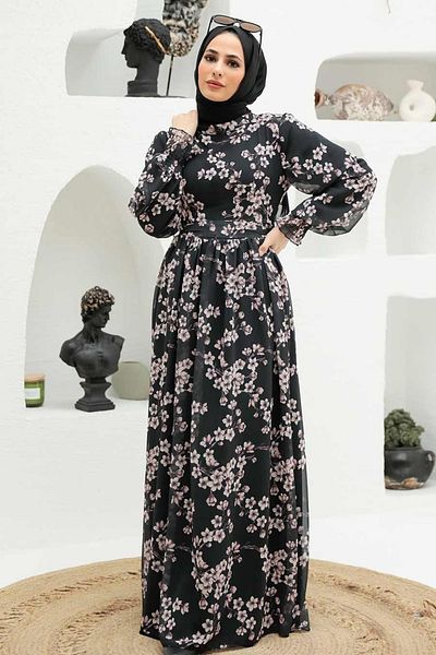 Neva Style - Floral Patterned Black Hijab Dress 56830s