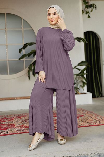 Neva Style طقم حجاب مزدوج مطوي أرجواني - 12107LILA