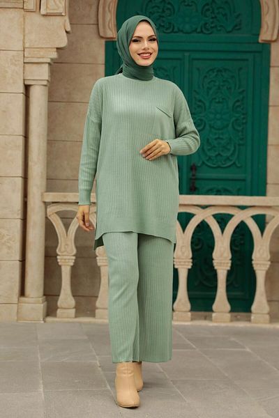 Neva Style Πλεκτό Μέντα Hijab Σετ Διπλό 34060mint