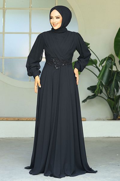 Neva Style Δαντελένιο Λεπτομερές Μαύρο Φόρεμα Μπάλας Hijab 3435s