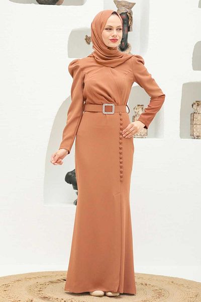 Neva Style Button Detailed Fish Camel Hijab Evening Dress 3231C