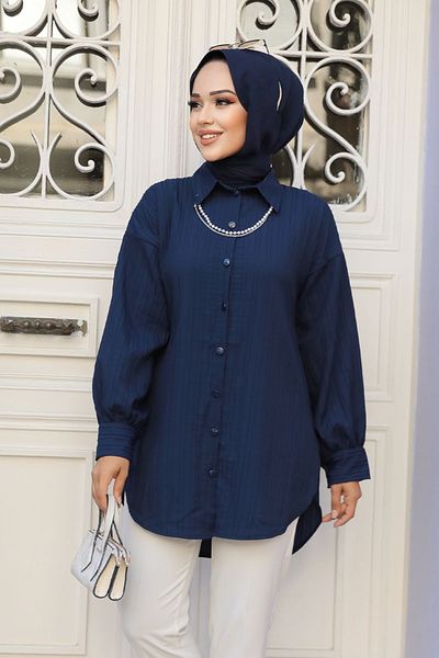 Neva Style تونيك حجاب مخطط باللون الأزرق الداكن - 11905L