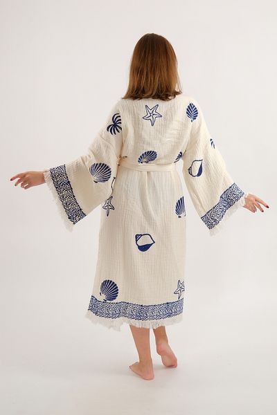 Befera Design Muslin Kimono 100% Cotton Seashell Printed Patterned Bathrobe Kaftan Dressing Gown