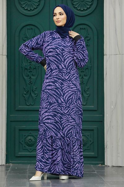 Neva Style - Rochie Hijab Lavandă cu Motiv Frunze 22970lv