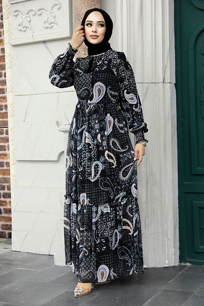 Neva Style Rochie neagră cu model hijab 33561s