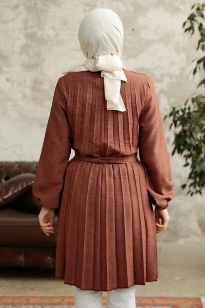 Neva Style Pleated Brown Hijab Tunic 41233Kh