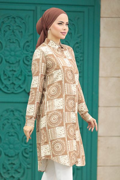 Neva Style تونيك فيسكوز حجاب بني منقوش 11664kh