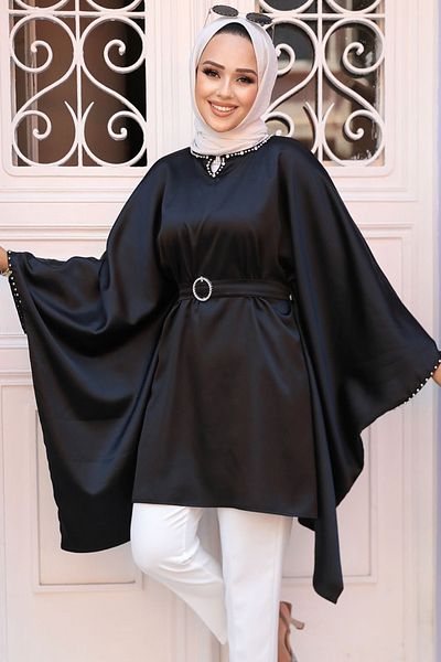 Neva Style Tunica neagra din satin - Maneca liliac, Hijab, 41443S