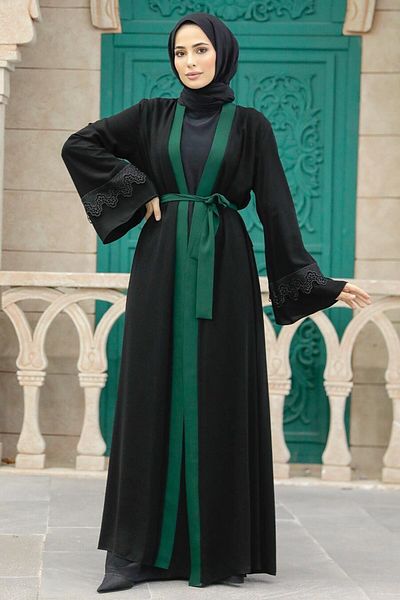 Neva Style Green Hijab Abaya with Belt 55440Y