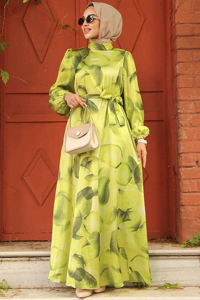 Neva Style Oil Green Patterned Hijab Dress - 23424YY