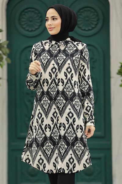 Neva Style Tunica din vascoza hijab neagra cu model 11603s