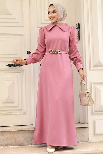 Neva Style Rochie musulmană cu trandafir praf cu curea cu lanț 3420gk