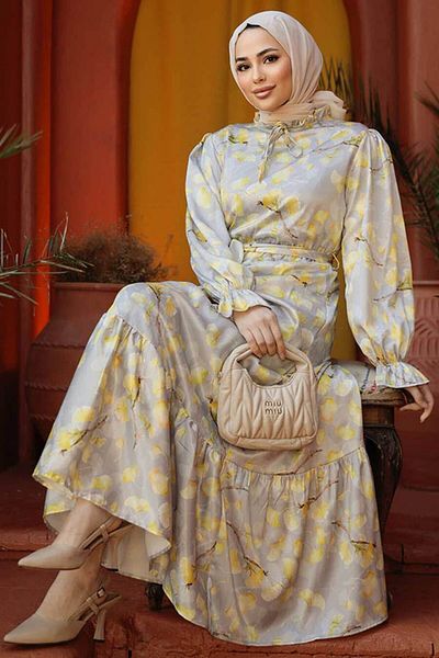 Neva Style Floral Patterned Mustard Hijab Dress 60901HR