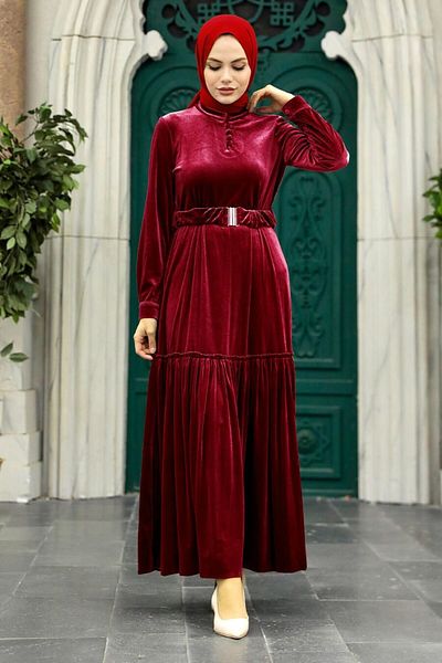 Neva Style - Rochie din catifea Hijab Burgundy cu centura 36971br