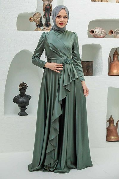 Neva Style فستان سهرة حجاب كاكي منتفخ 22431hk