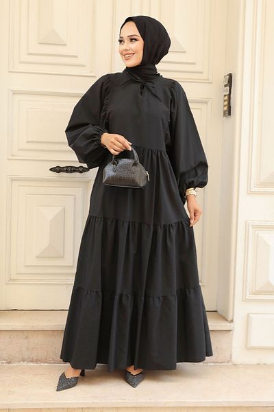Neva Style Rochie din popelin hijab neagră cu mânecă cu balon 57349s