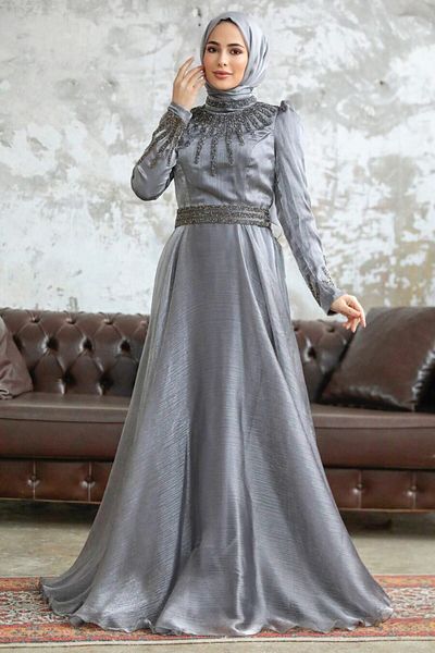 Neva Style Rochie de seara Hijab - Rochie de seara Hijab gri cu broderie de margele 3774gr