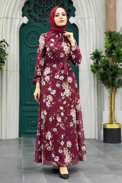 Neva Style - Rochie Hijab Roșu Claret cu Motiv Floral 279080br