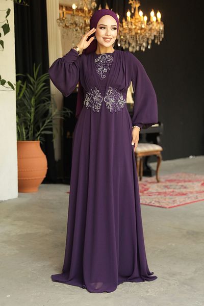 Neva Style Lace Plum Hijab Evening Dress 9118mu