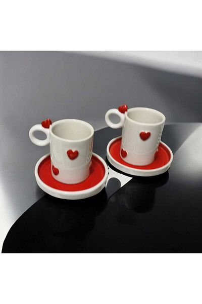 seda seramik Handmade Design Heart Cup Set of 2 People 4 Piece Coffee Cup Set 110 ml