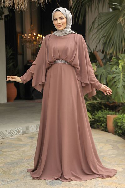 Neva Style Drape Detailed Caramel Hijab Evening Dress 25891Krml