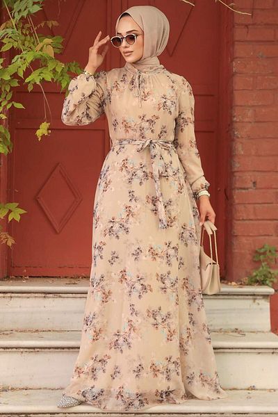 Neva Style - Rochie Hijab Bej cu Motiv Floral 279061 bej