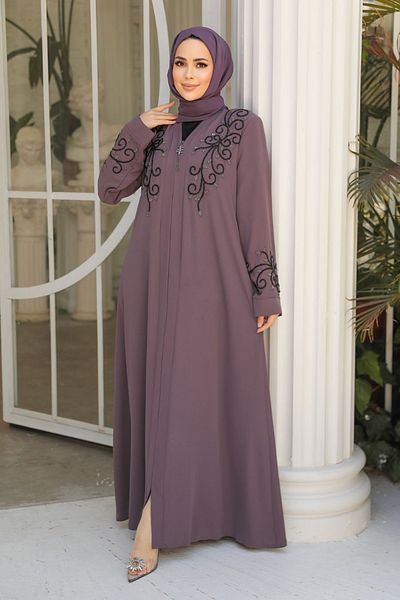 Neva Style Dried Rose Bead Embroidered Hijab Abaya - 29107GK