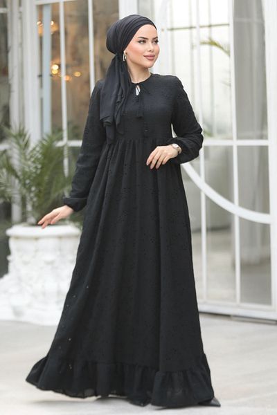 Neva Style فستان حجاب أسود مزين 23201S