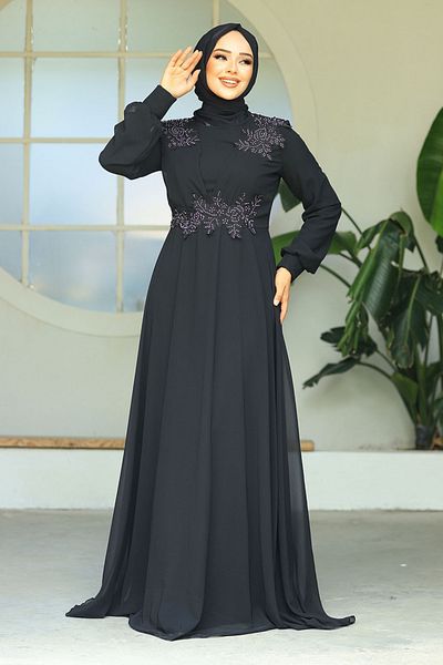 Neva Style Black Hijab Evening Dress with Bead Detail 22113S