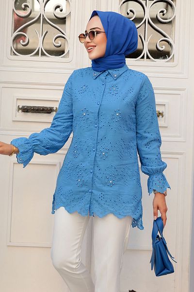 Neva Style تونيك حجاب أزرق - تفاصيل جبر، موديل 13991M