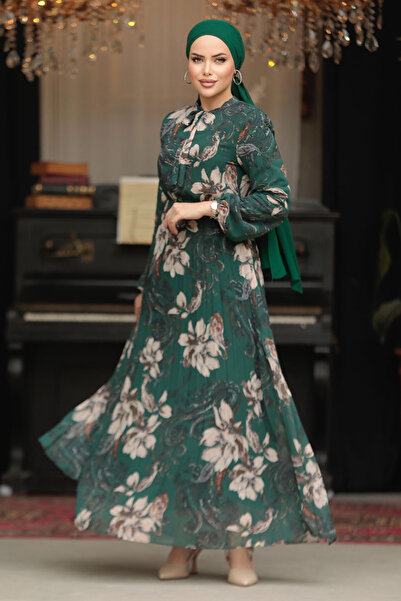 Neva Style Rochie musulmană verde smarald cu imprimeu floral 50355ZY