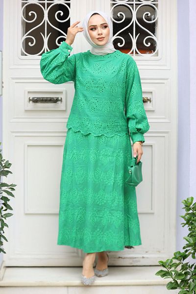 Neva Style Emerald Green Laced Hijab Skirt Suit - 14181Zy