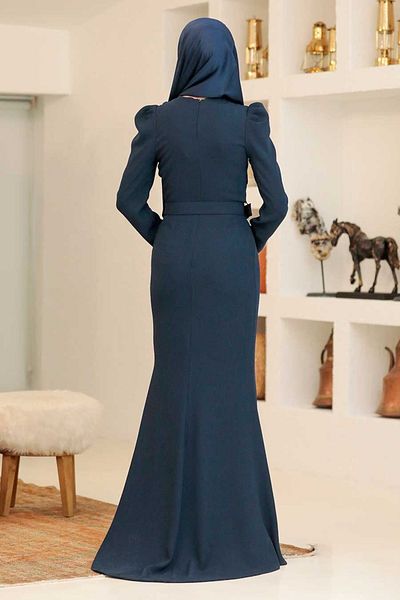 Neva Style Βραδινό φόρεμα με κουμπιά με λεπτομέρεια Fish Navy Blue Hijab 3231l
