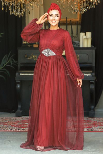 Neva Style Rochie de seara cu hijab - Rochie de seara musulmana din tul burgundy 54230br