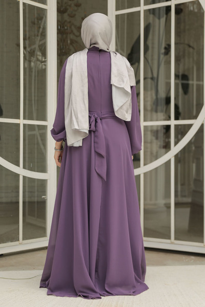 Neva Style Drape Detaylı Koyu Gül Kurusu Tesettür Abiye Elbise 25879kgk