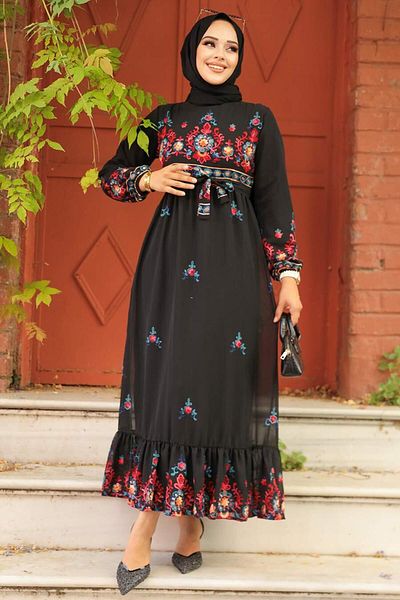 Neva Style Floral Patterned Black Hijab Dress 23231S