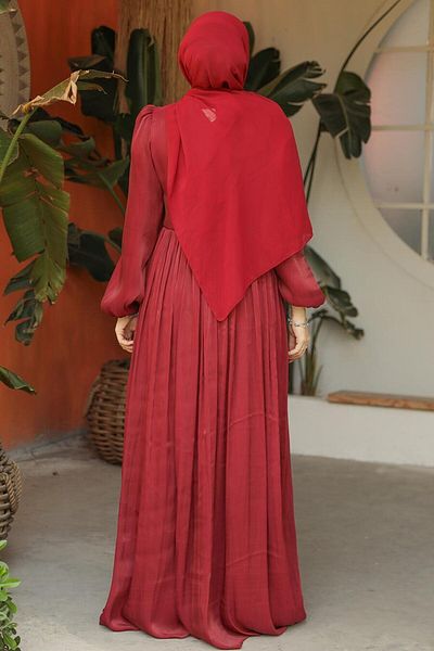 Neva Style Balloon Sleeve Burgundy Hijab Evening Dress 45191Br