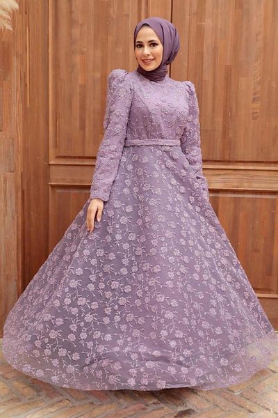Neva Style Lacy Lilac Hijab Evening Dress 2238Lıla