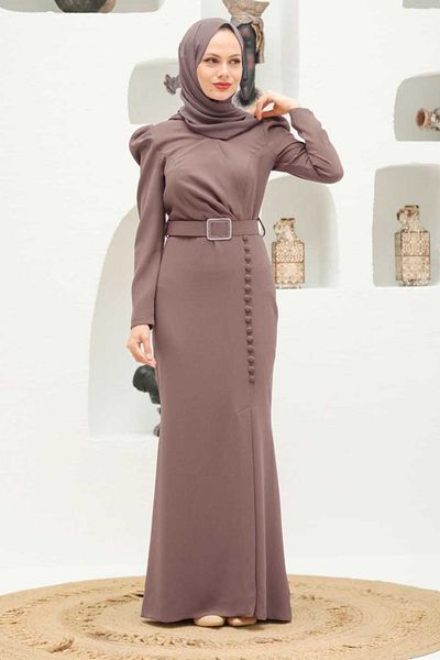 Neva Style Κουμπί Λεπτομερές Fish Dark Dusty Rose Hijab Βραδινό Φόρεμα 3231kgk