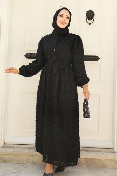 Neva Style فستان حجاب أسود مزين بالدانتيل - 14021S
