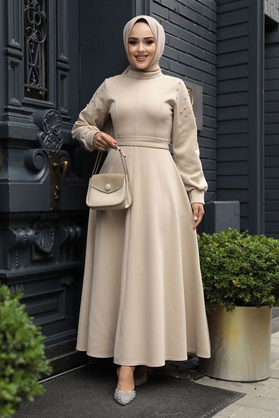 Neva Style Rochie Hijab Bej Brodat cu margele - Maneci 23631BEJ