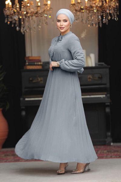 Neva Style Rochie Hijab Gri cu Guler Legat 50351GR
