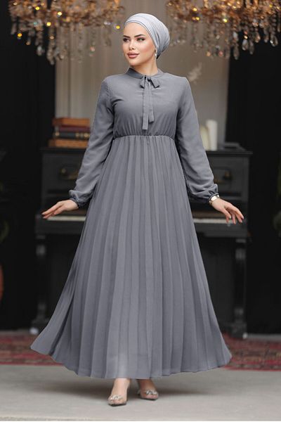 Neva Style Rochie islamică afumată cu guler legat 50351FU