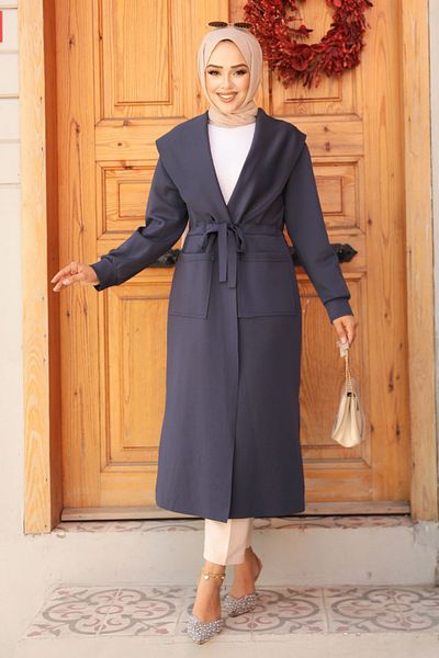 Neva Style Șapcă Hijab din piele intoarsa bleumarin cu guler șal - 72112L