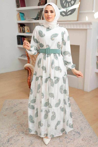 Neva Style Patterned Green Hijab Dress 1228Cy