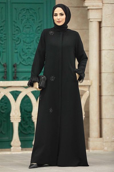 Neva Style Black Hijab Ferace with Bead Detail 31951S